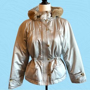 Max Mara Weekend silver winter jacket cinched waist rabbit fur hood.